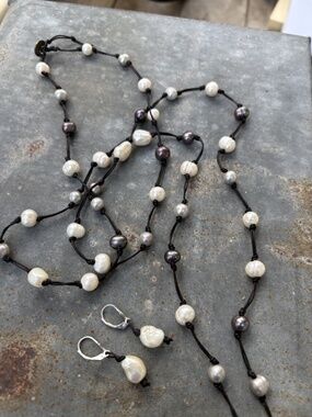 Long Multicolor Knotted Pearl Necklace 26" and Earrings Set